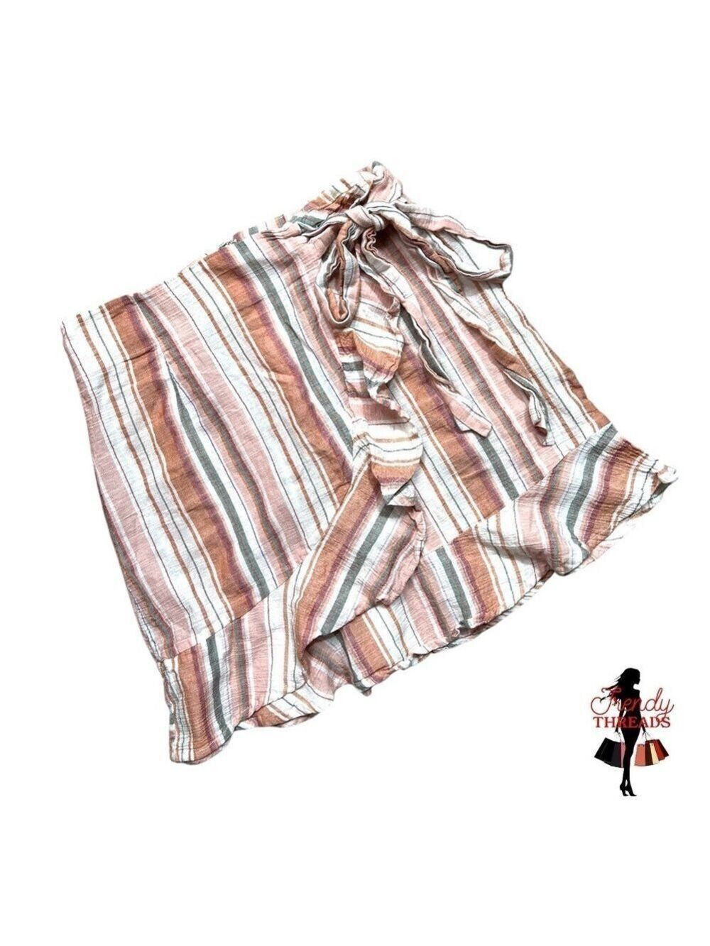 5/$25 ⭐️ Shein Faux Wrap Tie Ruffle Mini Skirt Small Boho Striped Peach White